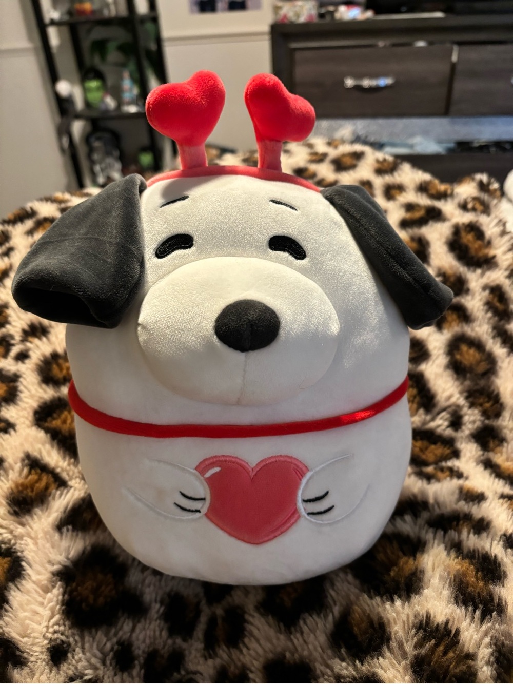 Squishmallows snoopy with Red Heart Antennae